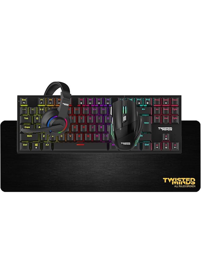 TWISTED MINDS 4 In 1 Gaming Bundle – Tm Fusion X 87 Key Wired Mechanical Keyboard 4 Level Dpi Adjustable Mouse Rainbow Static Led Headset Large 35.3X25In Mouse Pad – Ergonomic Design For Pc Gamer - Image 1