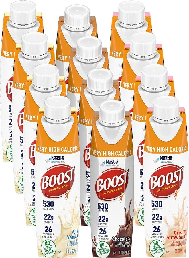 BOOST Very High Calorie Nutritional Drink Variety Pack, 12 Count - 4 Vanilla, 4 Chocolate, 4 Strawberry - 530 Calories per 8 fl oz Bottle, Nutrient-Rich (Variety Pack) - Image 1