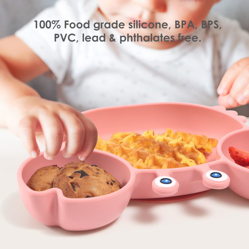 ROCCED Suction Plates for Baby, Silicone Plates with Suction Divided, Baby Spoon Fork Set for Toddler Baby Dishes Kids Utensils-Crab Pink - Image 2