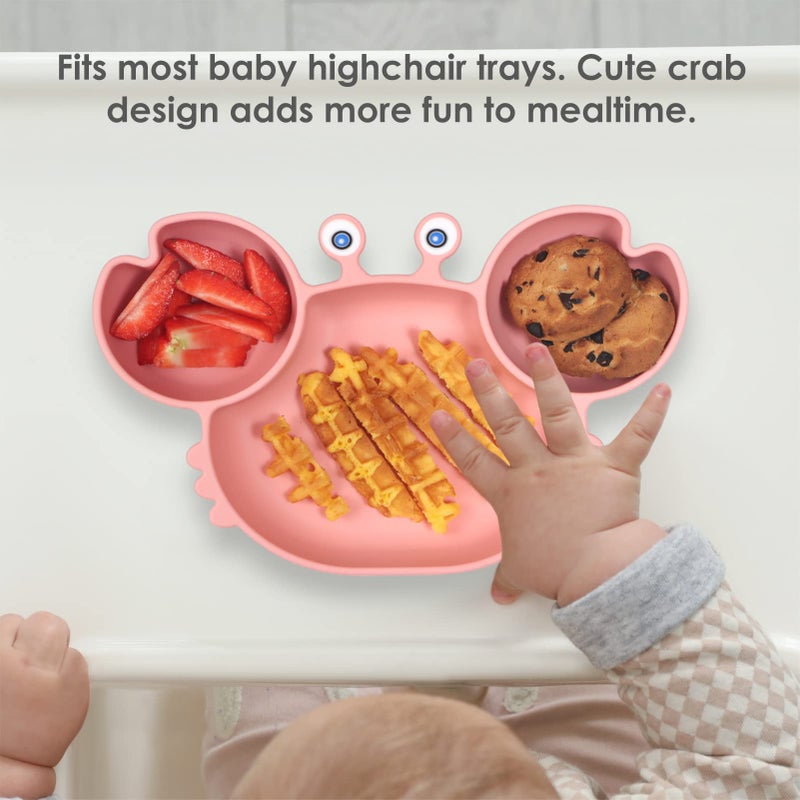 ROCCED Suction Plates for Baby, Silicone Plates with Suction Divided, Baby Spoon Fork Set for Toddler Baby Dishes Kids Utensils-Crab Pink - Image 3