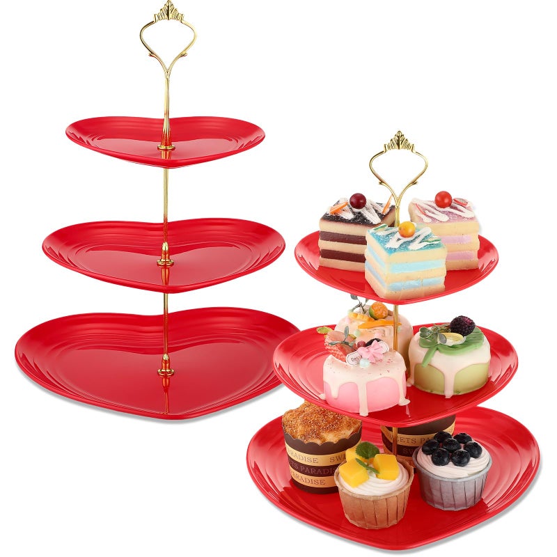 Layhit 2 Pack Valentine's Day 3 Tier Cupcake Stand Heart Shaped 3 Tiered Serving Trays for Party Plastic Tray Dessert Cupcake Stand for Tea Party Baby Shower Wedding(Red) - Image 1