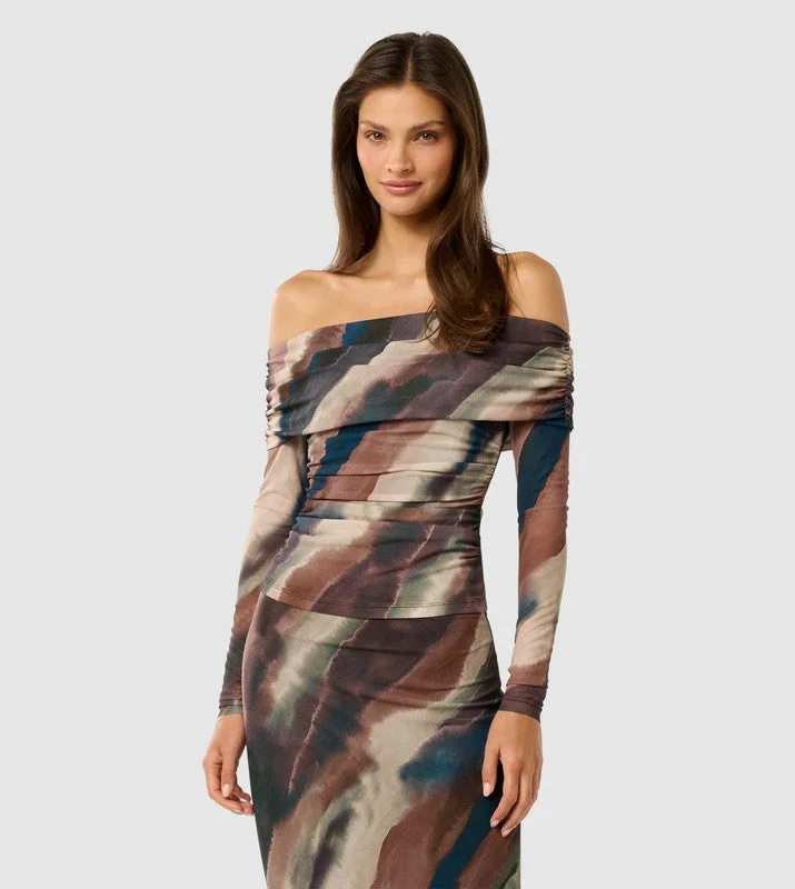 KAIA Ruched Mesh Off-Shoulder Top