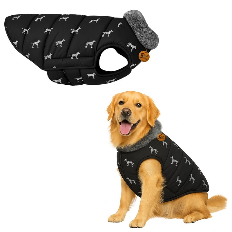 Sage Square Dog Printed Winter Coat with Soft Fur Collar | Cold Weather Windproof Jacket | Stylish Warm Outfit | Adjustable Strap, Cozy Inner Lining | Comfortable Fabric Clothing (XLarge - 28 inch) - Image 1