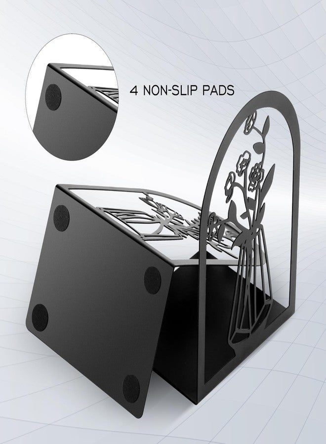 Bondream 3 Pair Metal Bookends,Decorative Book Ends for Shelves,Non-Slip Book Stopper for Heavy Books,Black Flower Book Shelf Holder for Home School Office - Image 4
