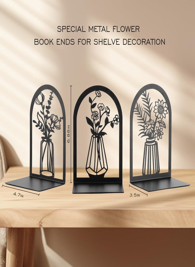 Bondream 3 Pair Metal Bookends,Decorative Book Ends for Shelves,Non-Slip Book Stopper for Heavy Books,Black Flower Book Shelf Holder for Home School Office - Image 2