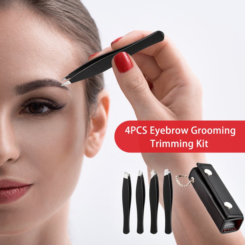 4Pcs Eyebrow Grooming Trimming Kit Ingrown Hair Removal Precision Stainless Steel Tweezers with Leather Case for Eyebrows - Image 3