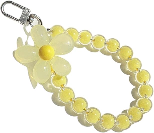 KHOLAD Mobile Phone Strap Pearl Beaded Flower Bracelet Creative Hanging Rope Keychain Anti-Lost Phone Case Lanyard Girl Women's Wrist Strap Phone Charms (Yellow) - Image 1