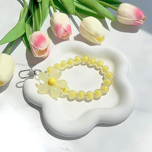 KHOLAD Mobile Phone Strap Pearl Beaded Flower Bracelet Creative Hanging Rope Keychain Anti-Lost Phone Case Lanyard Girl Women's Wrist Strap Phone Charms (Yellow) - Image 3