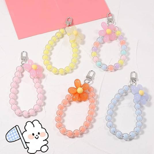 KHOLAD Mobile Phone Strap Pearl Beaded Flower Bracelet Creative Hanging Rope Keychain Anti-Lost Phone Case Lanyard Girl Women's Wrist Strap Phone Charms (Yellow) - Image 5