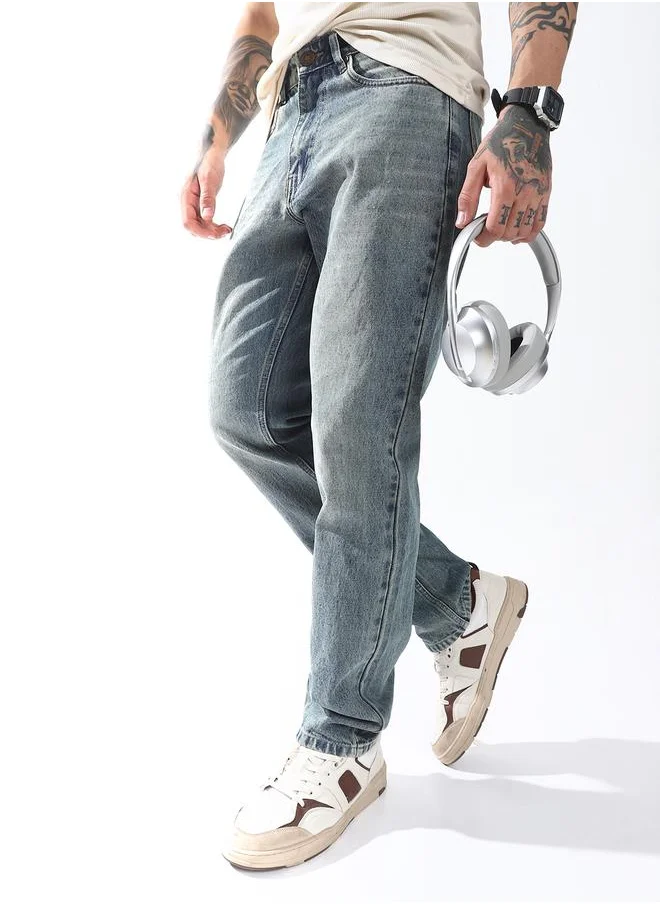 Hubberholme Straight Fit Indigo 100% Cotton Washed Woven Jean with Button Closure Full Length - Ideal for Streetwear - A Must-Have for Your Wardrobe!