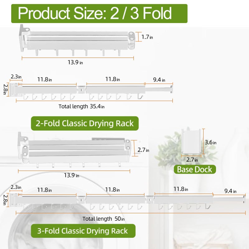 Kelisiting Clothes Drying Rack, Laundry Drying Rack Wall Mounted, [No-Drill & Drilling to Choose] 3-Fold Laundry Drying Racks for Hanging Clothes, Foldable & Sturdy Space Saver for Laundry Room -White - Image 4