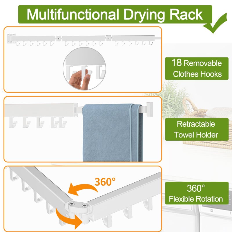 Kelisiting Clothes Drying Rack, Laundry Drying Rack Wall Mounted, [No-Drill & Drilling to Choose] 3-Fold Laundry Drying Racks for Hanging Clothes, Foldable & Sturdy Space Saver for Laundry Room -White - Image 3