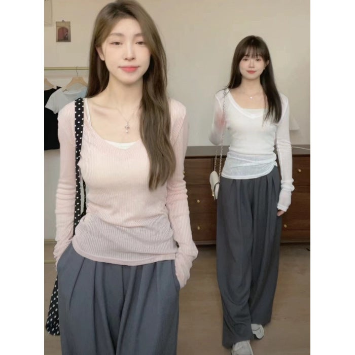 V-Neck Thin Micro-Pit Backing Shirt Womens Summer Slim-fit Knitted T-shirt Long-sleeved Top Pure Sunscreen Blouse Pink - Image 1