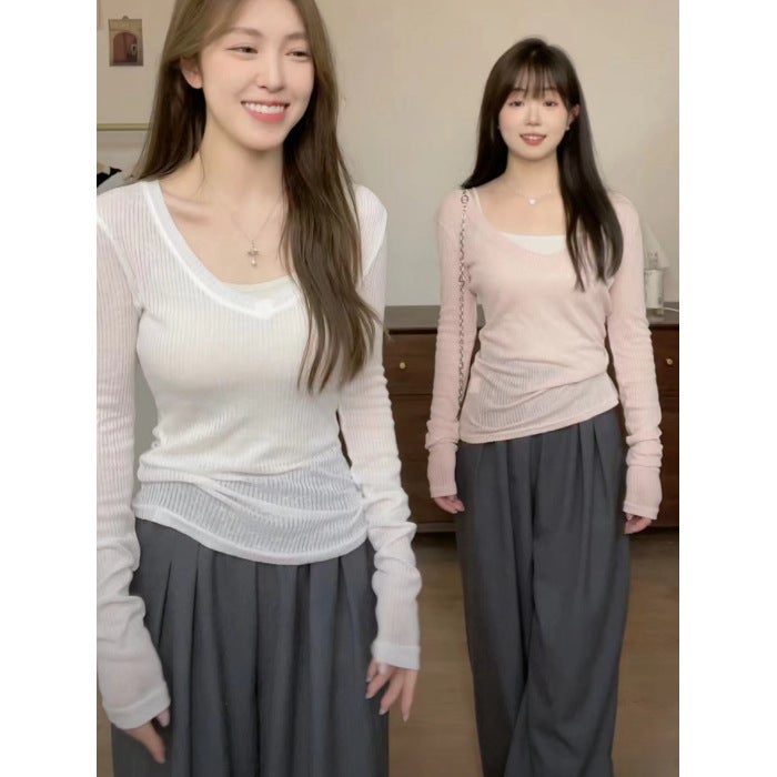 V-Neck Thin Micro-Pit Backing Shirt Womens Summer Slim-fit Knitted T-shirt Long-sleeved Top Pure Sunscreen Blouse Pink - Image 4