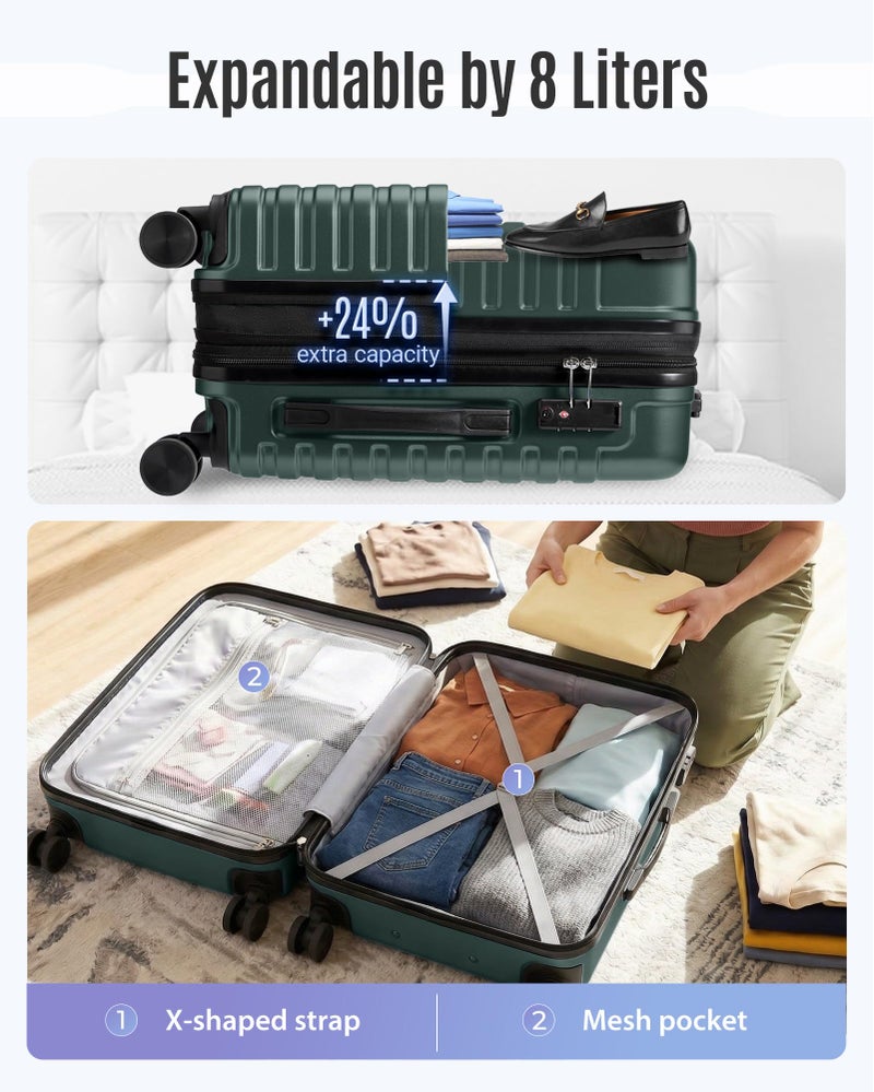 LIGHT FLIGHT Expandable Carry On Luggage 22x14x9 Airline Approved with Double Spinner Wheels, 20 Inch Lightweight Hard Shell Rolling Suitcases with TSA Lock, Pine Green - Image 4