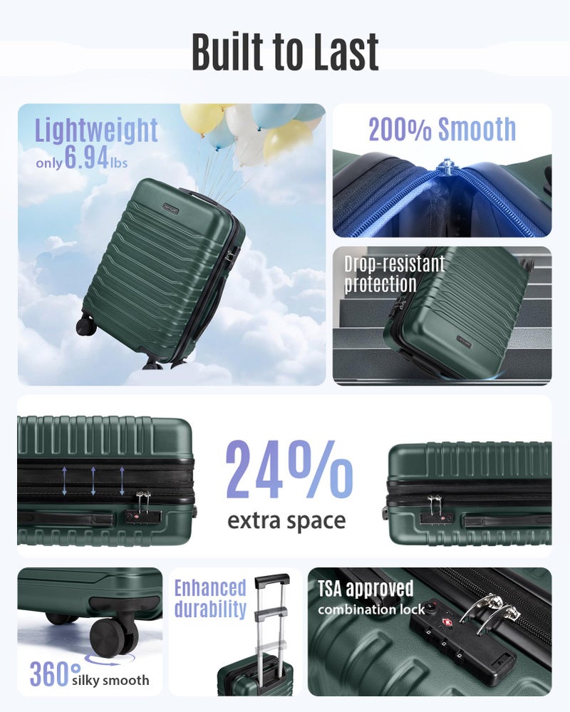 LIGHT FLIGHT Expandable Carry On Luggage 22x14x9 Airline Approved with Double Spinner Wheels, 20 Inch Lightweight Hard Shell Rolling Suitcases with TSA Lock, Pine Green - Image 2