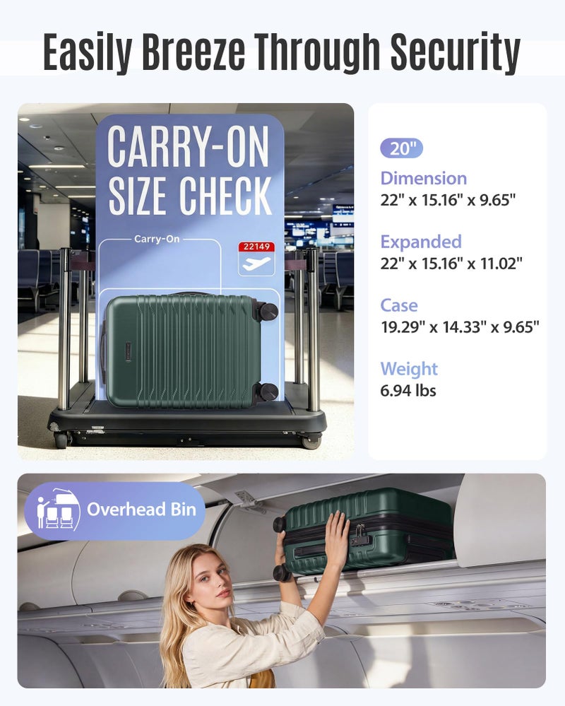 LIGHT FLIGHT Expandable Carry On Luggage 22x14x9 Airline Approved with Double Spinner Wheels, 20 Inch Lightweight Hard Shell Rolling Suitcases with TSA Lock, Pine Green - Image 3