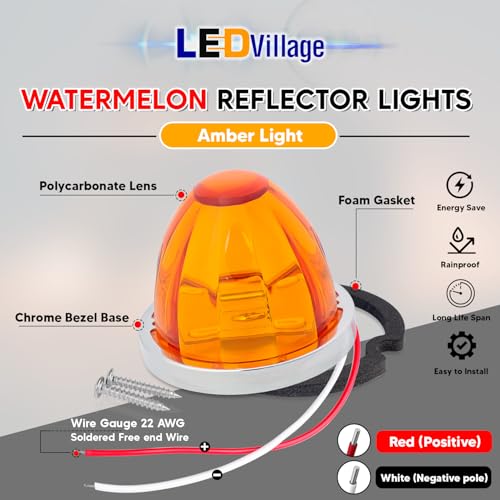 Ledvillage 2Pcs Amber Watermelon LED Light with Stainless Steel Bracket, 12V Marker Clearance Lights for Semi Truck, Freightliner, Kenworth, Peterbilt, Heavy-Duty Trailers - Image 2