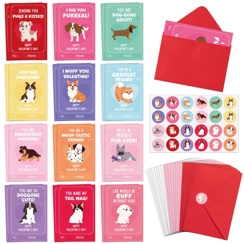 TICIAGA 72pcs Valentine's Day Cartoon Puppy Animal Greeting Card with Envelop and Stickers for Kids, Cute Dog Pet Notecard Exchange Gift for Boys and Girls School Classroom, Valentines Party Favors - Image 1