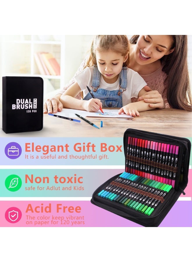 120 Colors Dual Brush Marker Pens, Double-Ended Markers with Fine & Brush Tips for Kids & Adults, Ideal for Coloring Books, Hand Lettering, Journaling, Sketching & Card Making - Image 3