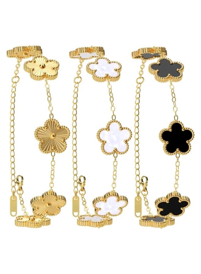 CAMSCH 3 PCS 18K Gold Plated Clover Bracelet  Gold/White/Black Bracelet Set for Women Flower Leaf Lucky Clover Bracelets Trendy Jewelry Birthday Gifts for Women/MoM/Friends - Image 1