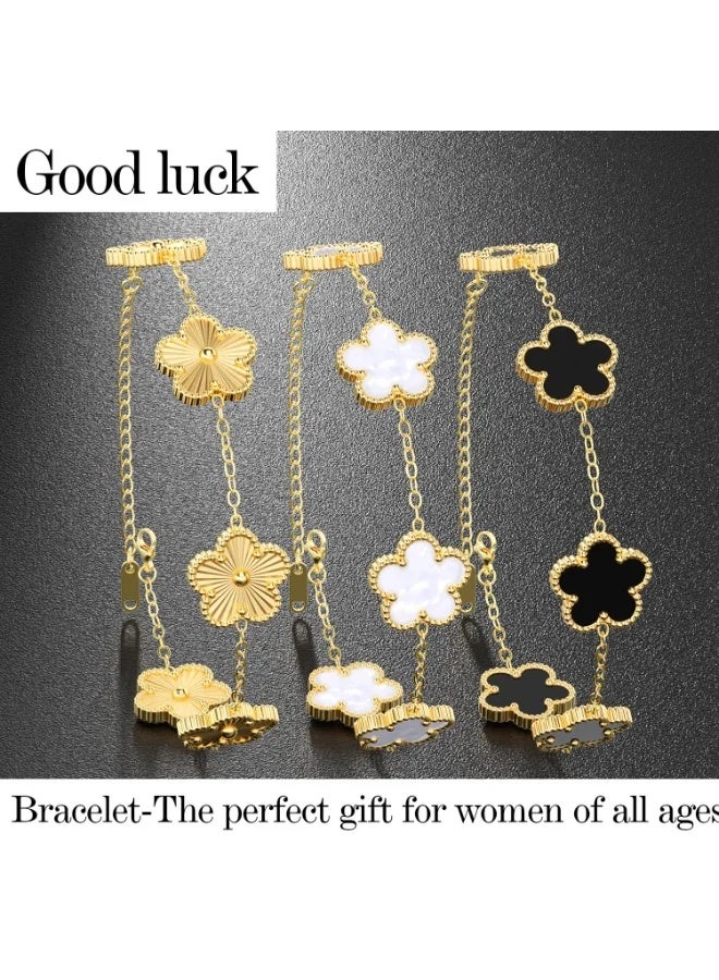 CAMSCH 3 PCS 18K Gold Plated Clover Bracelet  Gold/White/Black Bracelet Set for Women Flower Leaf Lucky Clover Bracelets Trendy Jewelry Birthday Gifts for Women/MoM/Friends - Image 5