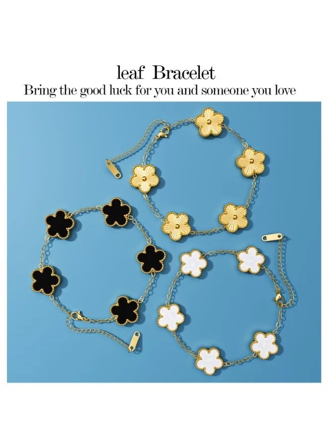 CAMSCH 3 PCS 18K Gold Plated Clover Bracelet  Gold/White/Black Bracelet Set for Women Flower Leaf Lucky Clover Bracelets Trendy Jewelry Birthday Gifts for Women/MoM/Friends - Image 4