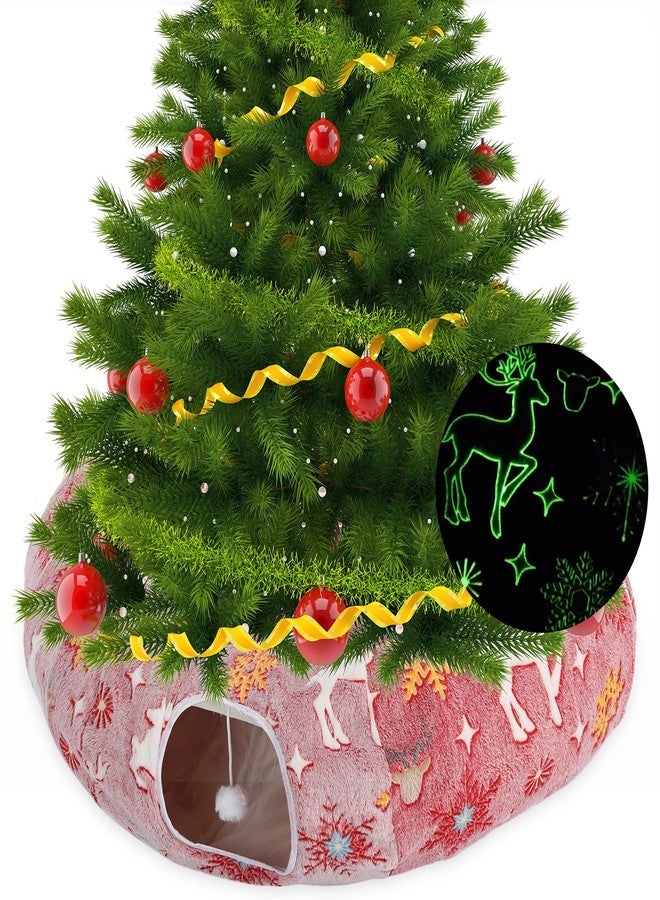 Yeyeplum Cat Tunnel Christmas Tree Skirt 3 ft x 3 ft x 10 Inch Cat Bed Donut Cave Indoor Fluffy Circular with Mat and Ball Playground Toys for Festive Kitten Puppy Ferret Rabbit(Red,Elk) - Image 1