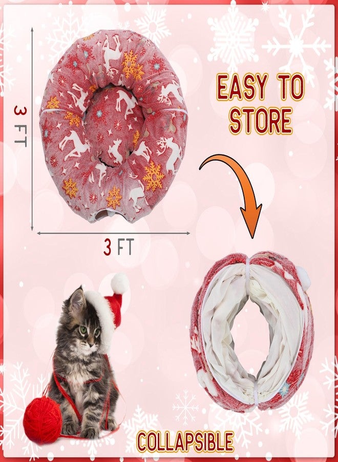 Yeyeplum Cat Tunnel Christmas Tree Skirt 3 ft x 3 ft x 10 Inch Cat Bed Donut Cave Indoor Fluffy Circular with Mat and Ball Playground Toys for Festive Kitten Puppy Ferret Rabbit(Red,Elk) - Image 2