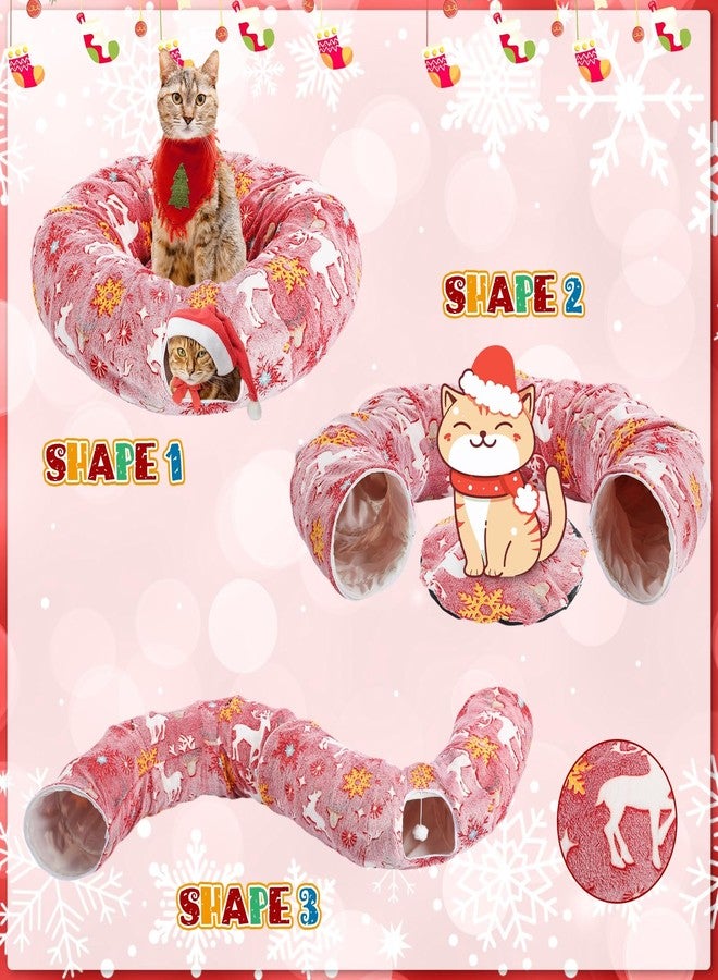 Yeyeplum Cat Tunnel Christmas Tree Skirt 3 ft x 3 ft x 10 Inch Cat Bed Donut Cave Indoor Fluffy Circular with Mat and Ball Playground Toys for Festive Kitten Puppy Ferret Rabbit(Red,Elk) - Image 3