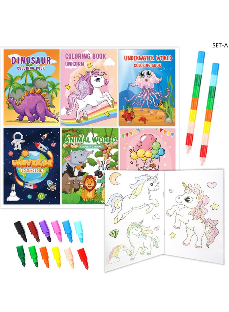 7 Pack Mini Coloring Books for Kids with Stacking Crayons - Bulk Party Favors, Goodie Bag Stuffers for Birthday | Small Travel Activity Books with Refillable Pens (Multicolor) - Image 1
