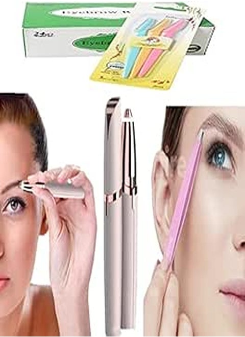 Quality Valley Eyebrow Trimmer Set Eyebrow Shaper Pencil + Tweezers Set 3 * 1 - Stainless Steel + 3 in 1 Eyebrow Trimmer, Shaver, Durable Trimmer, Face Trimmer With Safety Cap,