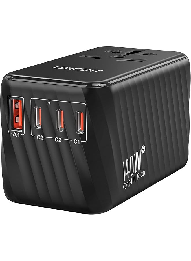 Lencent LENCENT 140W Universal Travel Adapter, International Plug Adaptor, GaN Fast Charger with 3 PD3.1 Type C+1 QC USB A, All in One Travel Essentials, Worldwide Outlet Converter for USA/UK/EU/AU, Black  - Image 1