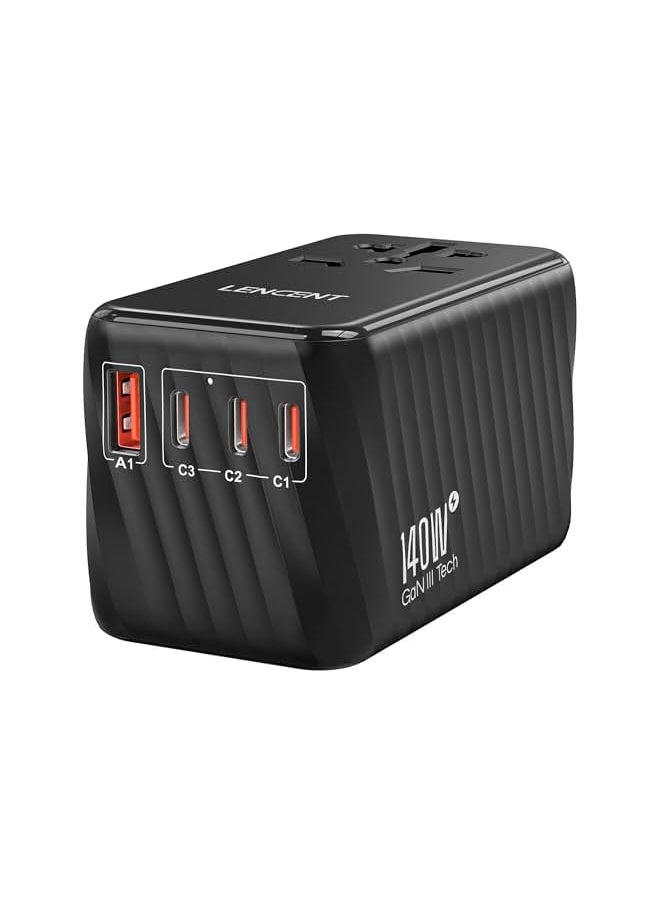 Lencent LENCENT 140W Universal Travel Adapter, International Plug Adaptor, GaN Fast Charger with 3 PD3.1 Type C+1 QC USB A, All in One Travel Essentials, Worldwide Outlet Converter for USA/UK/EU/AU, Black  - Image 2