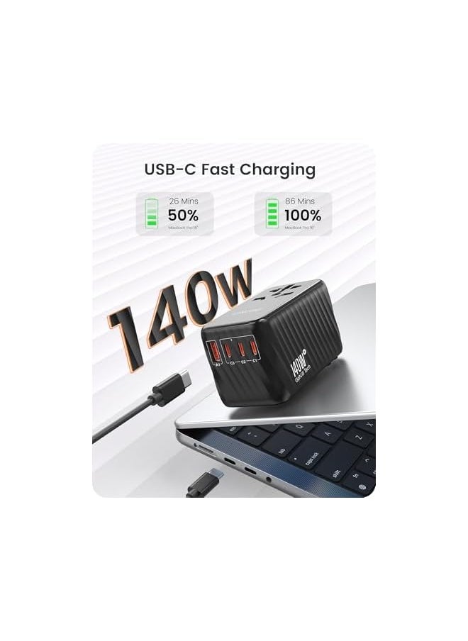 Lencent LENCENT 140W Universal Travel Adapter, International Plug Adaptor, GaN Fast Charger with 3 PD3.1 Type C+1 QC USB A, All in One Travel Essentials, Worldwide Outlet Converter for USA/UK/EU/AU, Black  - Image 3