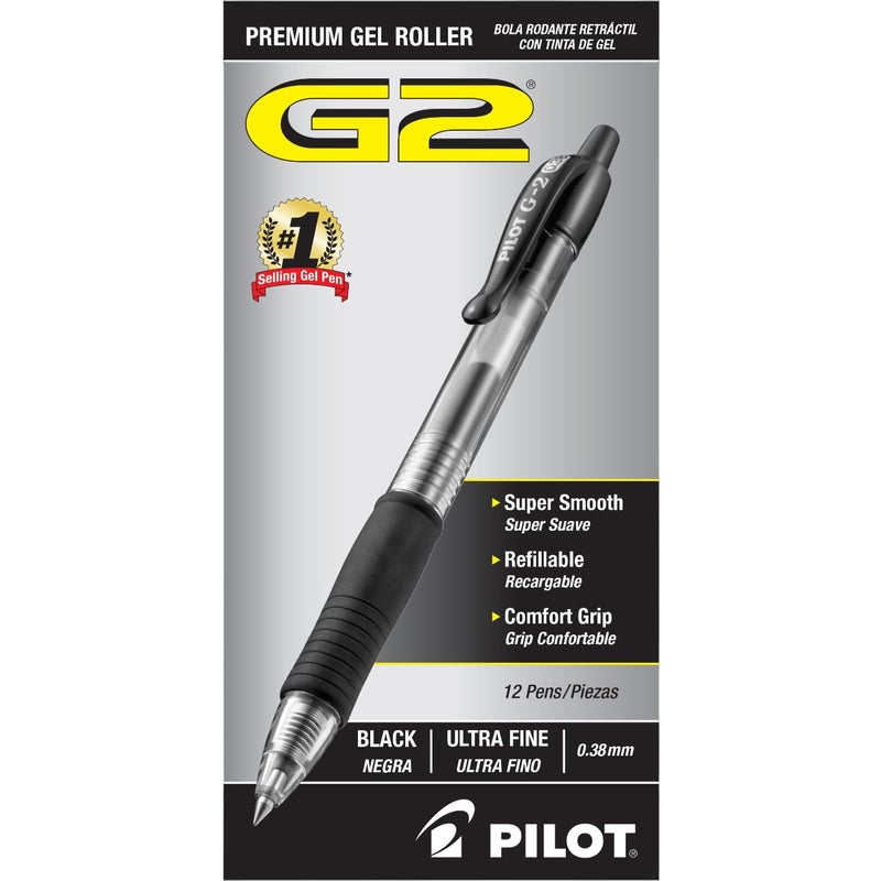 Pilot, G2 Premium Gel Roller Pens, Ultra Fine Point 0.38 mm, Pack of 12, Black - Image 1