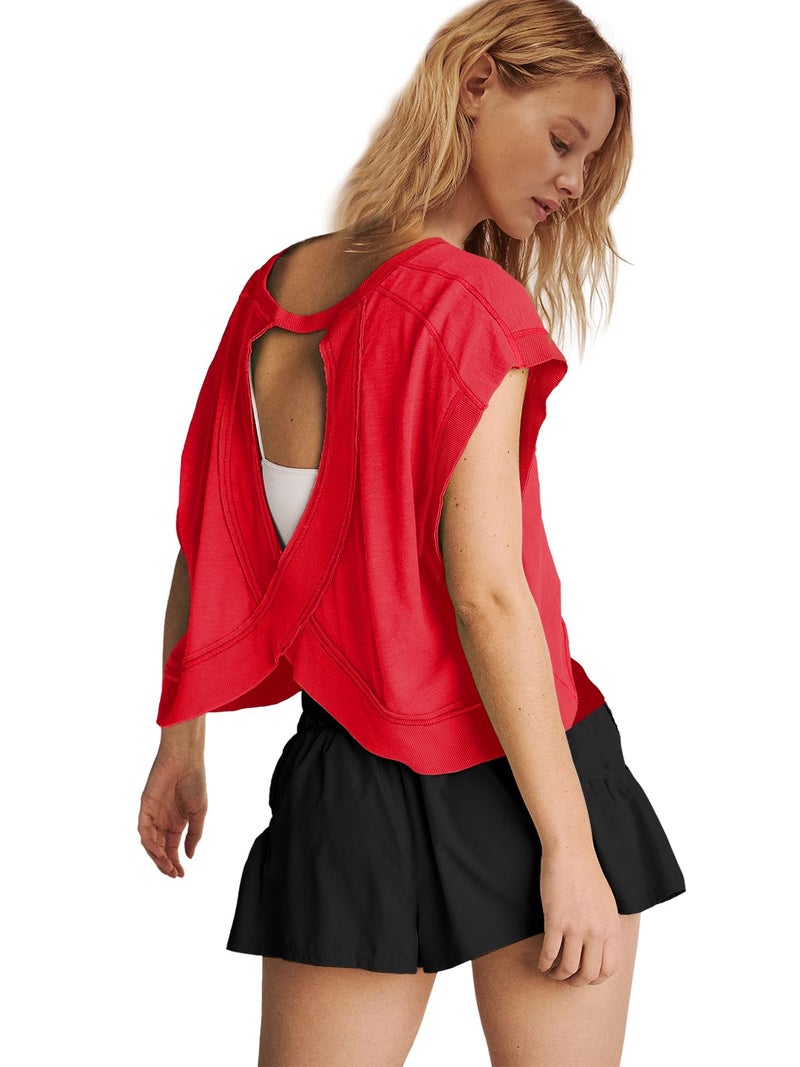 Panadila Womens Oversized Tshirts Open Back Workout Top Athletic Shirts Short Sleeve Crop Tops Gym Yoga Tee (Red,S) - Image 4