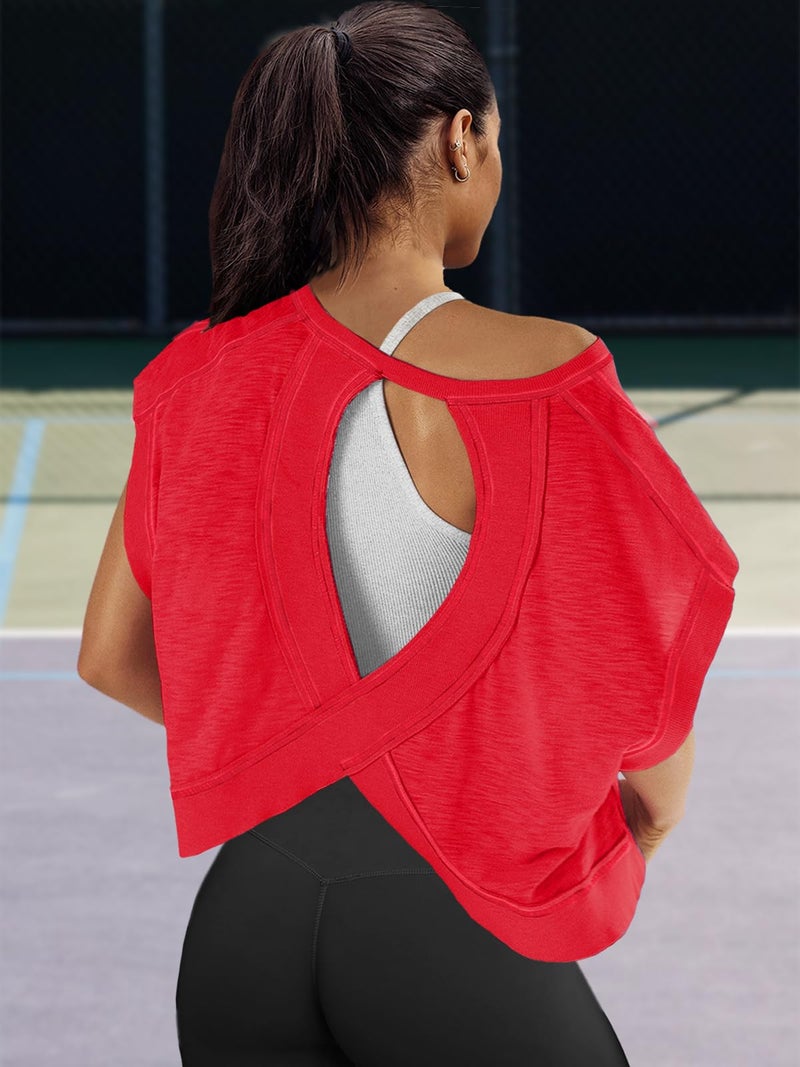 Panadila Womens Oversized Tshirts Open Back Workout Top Athletic Shirts Short Sleeve Crop Tops Gym Yoga Tee (Red,S) - Image 3