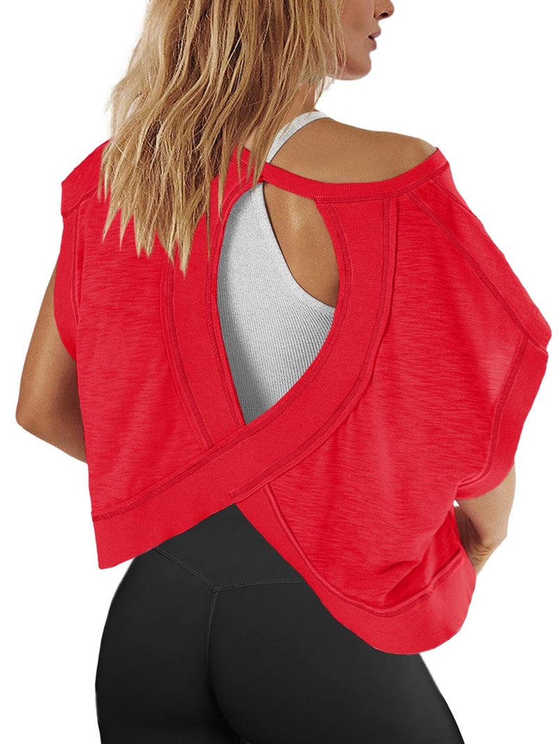 Panadila Womens Oversized Tshirts Open Back Workout Top Athletic Shirts Short Sleeve Crop Tops Gym Yoga Tee (Red,S) - Image 1