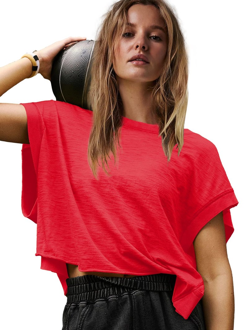 Panadila Womens Oversized Tshirts Open Back Workout Top Athletic Shirts Short Sleeve Crop Tops Gym Yoga Tee (Red,S) - Image 2