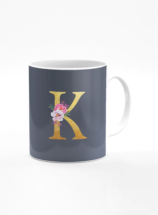 Designer Printed Coffee Mug 11oz Ceramic Personalised Gift Mugs Cup -Custom Monogram Initial Letter Floral Pattern Alphabet - K (Bright Grey)