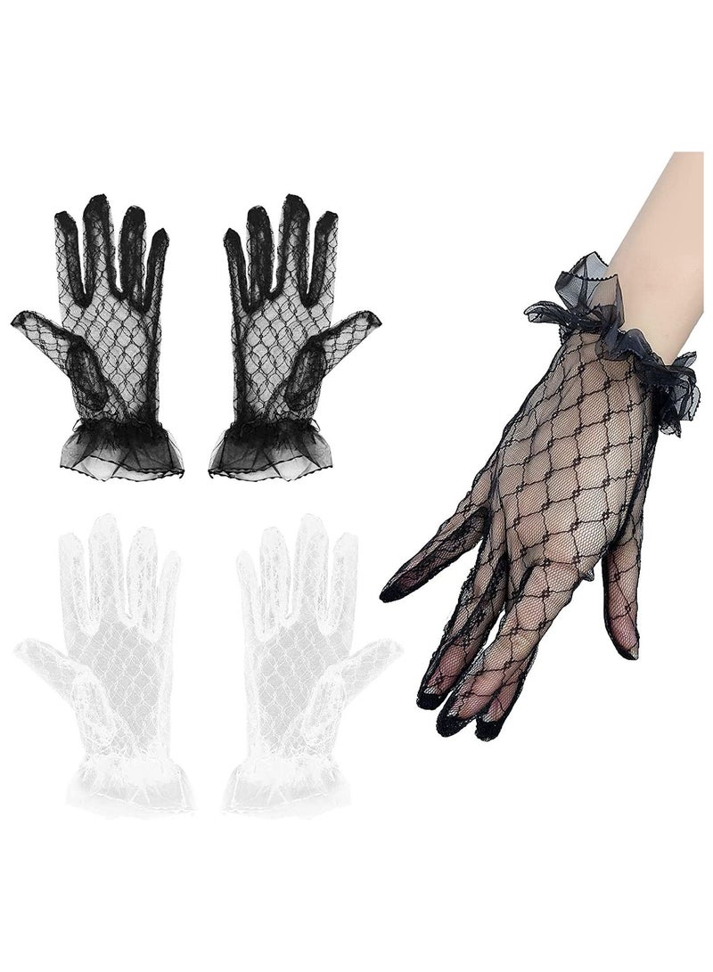 SYOSI Mesh Lace Gloves for Women Women's Tea Party, 2 Pairs of Short Gloves Vintage Lace Wrist Gloves Suitable for Women's Wedding Dinner Tea Parties, Bridal Wedding Dress Gloves Fingered Gloves  - Image 1