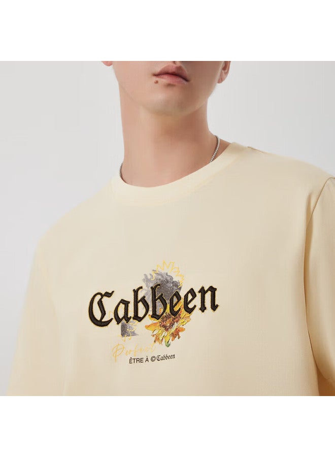 Cabbeen Men's Solona Cool Feeling T-shirt 24 Summer Sunflower Print Short Sleeve Oil Painting Top Trendy Apricot Color Size 50 - Image 1