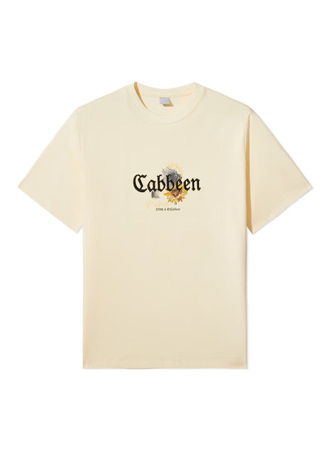 Cabbeen Men's Solona Cool Feeling T-shirt 24 Summer Sunflower Print Short Sleeve Oil Painting Top Trendy Apricot Color Size 50 - Image 3