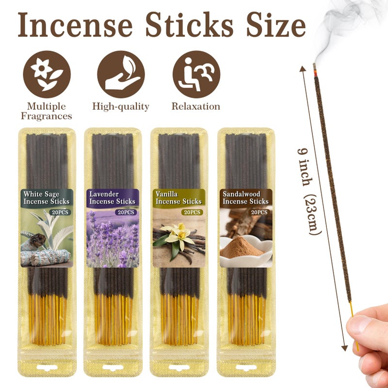 RAINFLOW White Sage Incense Sticks - 80 PCS Sandalwood Incense Sticks Natural,Lavender Vanilla Stick,4 Scents Without Incense Holder,Meditation Spiritual Cleansing Gift Set Indian Scented Style - Image 2