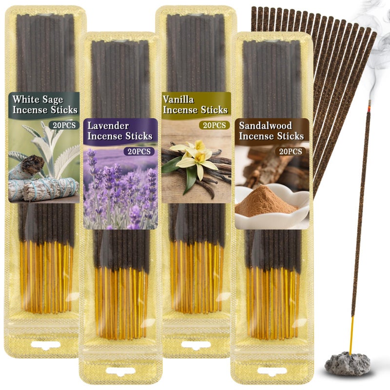 RAINFLOW White Sage Incense Sticks - 80 PCS Sandalwood Incense Sticks Natural,Lavender Vanilla Stick,4 Scents Without Incense Holder,Meditation Spiritual Cleansing Gift Set Indian Scented Style - Image 1