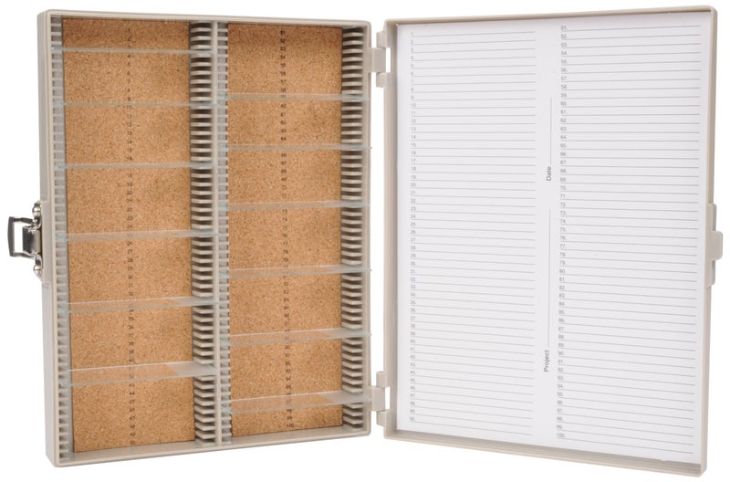 Heathrow Scientific 100 Place Microscope Slide Box, Cork Lining, Nickel-Plated Clasp, Gray (8.25" Length x 7" Width x 1.3" Height) - Image 1