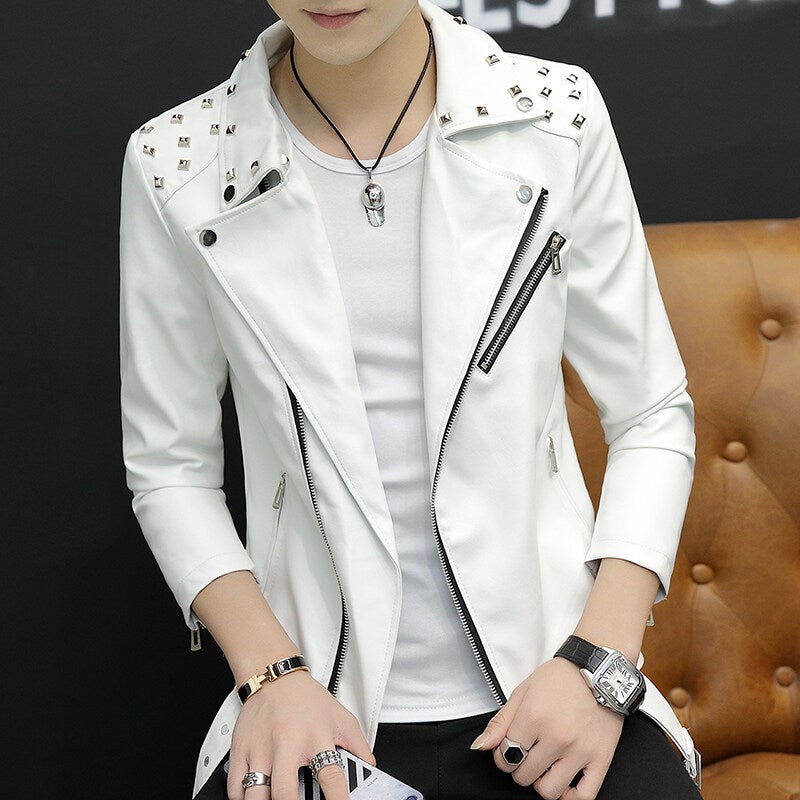 Men's PU Leather Moto Jacket with Rivets - Image 1