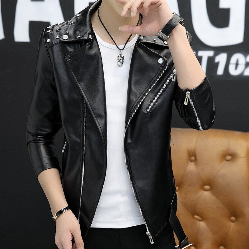 Men's PU Leather Moto Jacket with Rivets - Image 3