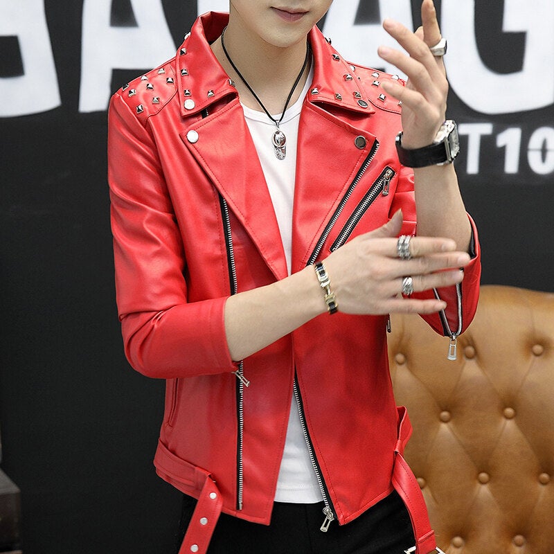 Men's PU Leather Moto Jacket with Rivets - Image 2